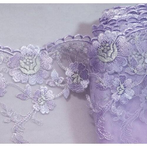 1Meter 17CM Wide Purple Flowers Embroidered Lace Trim Soft Mesh Fabric For Lingerie Underwear Bra Curtains Dress Decor Handmade