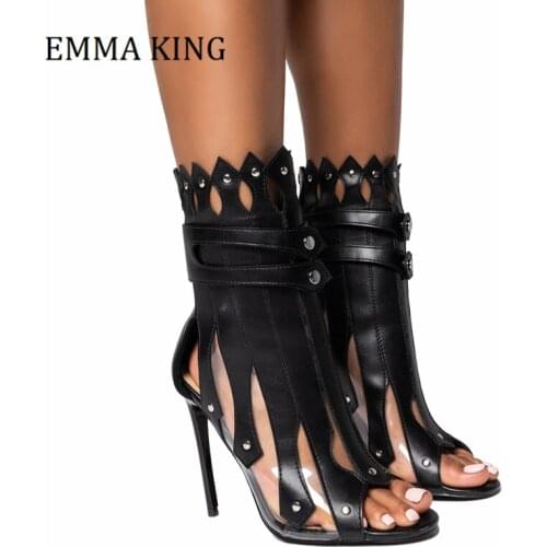 2021 Summer Women Open Toe PVC Ankle Boots Sexy Stiletto Heels Gladiator Botines Ladies Chelsea Boots Party Dress Zipper Shoes