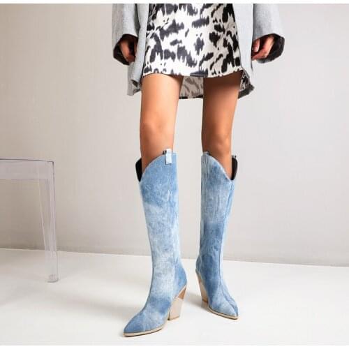 2021 New Boots Women Knee High Boots Wedges Western Boots Pointed Toe Zip High Heel Long Boots Autumn Winter Cowgirl Boots 34-43