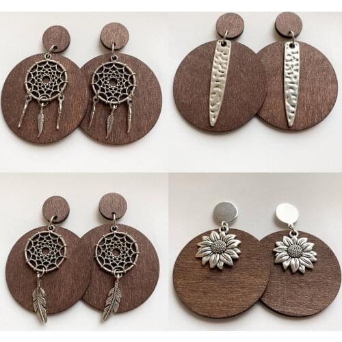 Free Shipping Vintage Silver Dreamcatcher Beautify Round Wood Earrings for Women Fashion Hammered Spike Ethnic Jewelry Wholesale