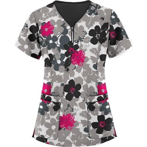 Flowers Print Women Blouses Working Uniform Blouse Short Sleeve V-neck Tops Women 2021 Scrubs Women Uniforme Enfermera Mujer