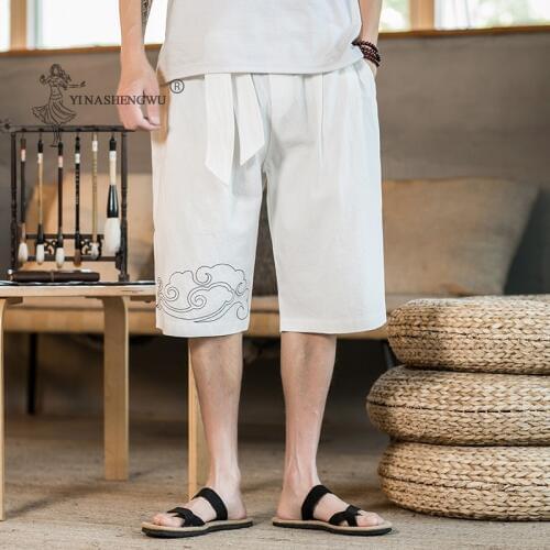 KImonos Trousers Summer Japan Retro Shorts Menswear Loose Shorts Japanese Embroidered Male Harajuku Yukata Printed Beach Pants