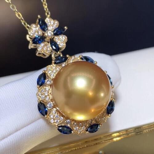 D421 Pearl Pendant Fine Jewelry Round 13-14mm Natural Ocean Sea Water Golden Pearls Pendants Necklaces for Women