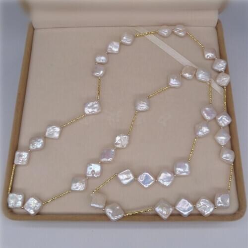 NEW Natural freshwater 10-12MM Square shaped pearl sweater chain Irregular Baroque style pearls Long necklace