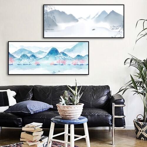 Chinese Ink Painting Blue Ink Grey Ink Landscape Drawing Oil Painting Canvas Print Painting Wall Art Living Room Home Decoration
