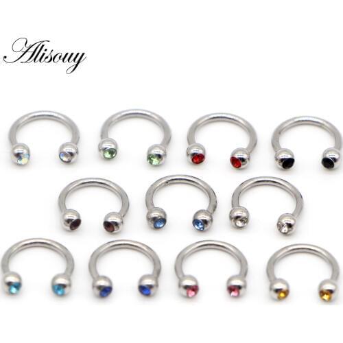 Alisouy 1Pc Silver Color Stainless Steel Crystal Ball Circular Barbell Nostril Nose Ring Nipple Rings Lip Body Piercing Jewelry