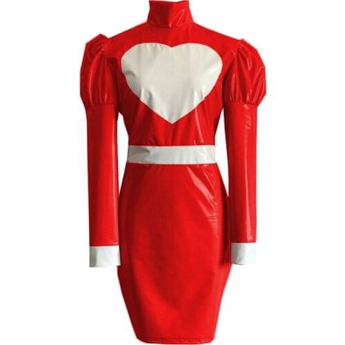 Lolita Cosplay Costume Sexy Uniform Costumes Puff Long Sleeve Midi Dress Plus Size Women Leather PVC Maid Dress