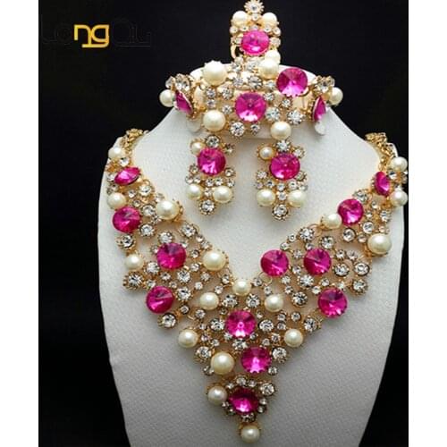 2020 new Nigerian wedding african beads jewelry set for women elegant dubai jewelry sets pink stones necklace earring set