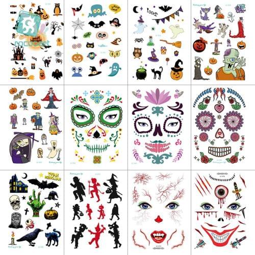 Rocooart 12 PCS Wholesale Halloween Series Monster Pumpkin Mask Funny and Horror Design Stickers Sexy Fake Temporary Tatoo