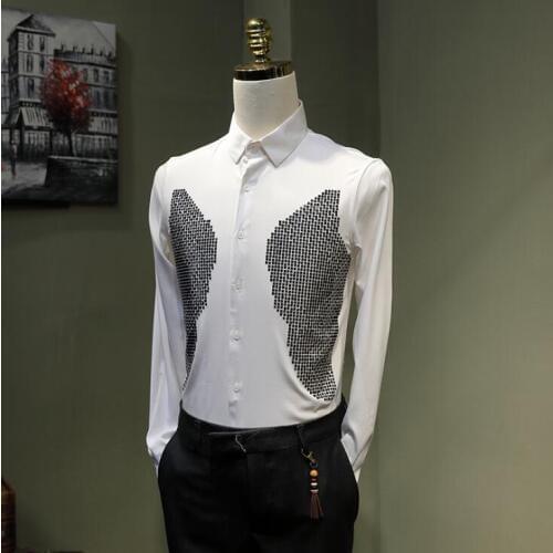 Tide brand mens new hot drilling long-sleeved shirt hair stylist personality Slim handsome temperament nightclub shirt male