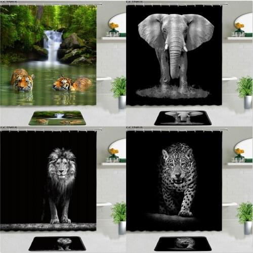 Wild Animal Black Shower Curtains Set Tiger Elephant Lion Leopard Non-slip Bath Mat Bathroom Decor Bathtub Screen Flannel Carpet