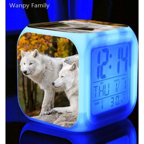 2020 New Arctic Wolf LED Alarm Clock 7 Color Luminous Clock Kids Room Multifunction Night Light Electronic Digital Alarm Clock