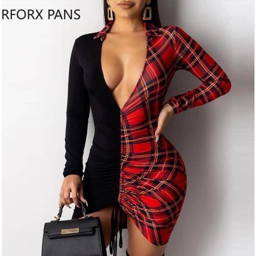 Grid Print Insert Drawstring Bodycon Dress Women Dress