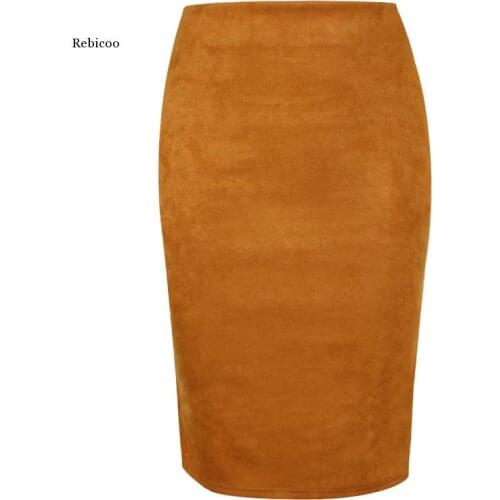 Sexy Women Multi Color Suede Midi Pencil Skirt 2021 Fashion Elastic High Waist Office Lady Bodycon Skirts Saias