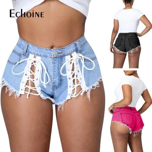 Echoine Women Vintage Ripped Hole Fringe Blue Denim Shorts Lace Up Casual Pocket Jeans Shorts Summer Girl High Waist Hot Shorts