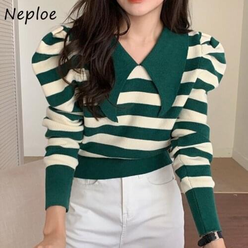 Neploe Preppy Style Turn-down Collar Sweater Woman Contrast Color Stripe Knitted Pullover Tops Loose Long-sleeved Sweaters Women