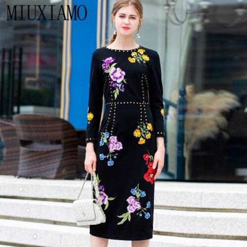 MIUXIMAO 2021 Spring Autumn Diamonds Embroidery Full Sleeve Black Pencil Knee-Length Skirt Party Midi Dress Women Vestidos