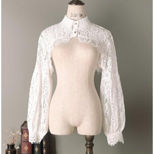 Lace Embroidery Puff Long Sleeve Half Top for Women Blouse Ruffled Fake Collar Female Detachable False Collar Sweater Decor