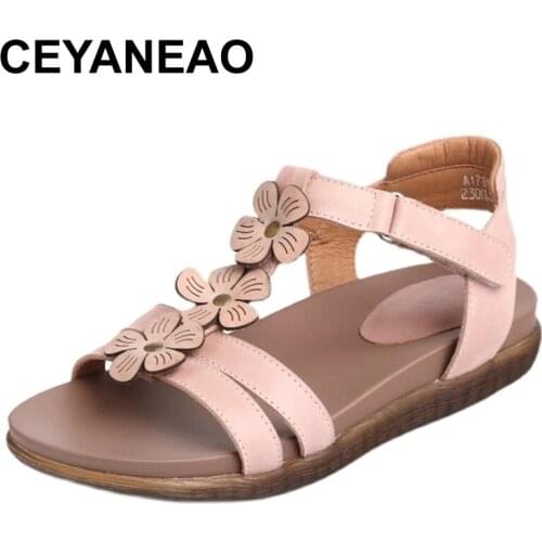 CEYANEAOWomen Leather Sandals Flower Flat Heels Soft Sweet Genuine Leather Women Sandals Summer Shoes For Women Brand Comfortabl