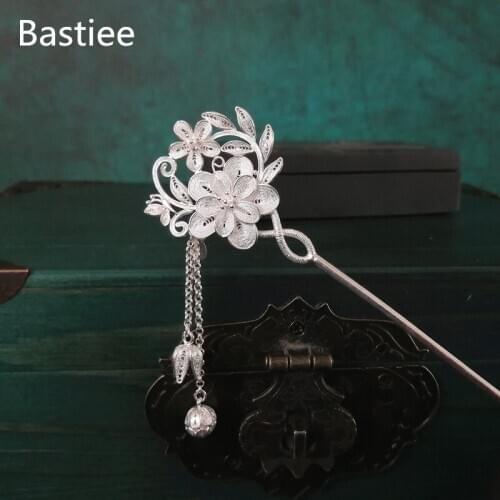 Bastiee Peacock 999 Sterling Silver Hair Stick Accessories For Women Hair Pins Luxury Jewlery Hmong Handmade Ethnic Dangle Hanfu