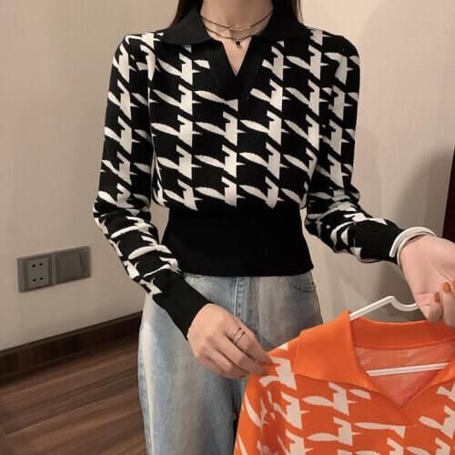 2020 Autumn Spring Women Sweater V-Neck Cropped Houndstooth Sweater Pullover Girls Full Sleeve Knitted Crop Top Female Jumpers