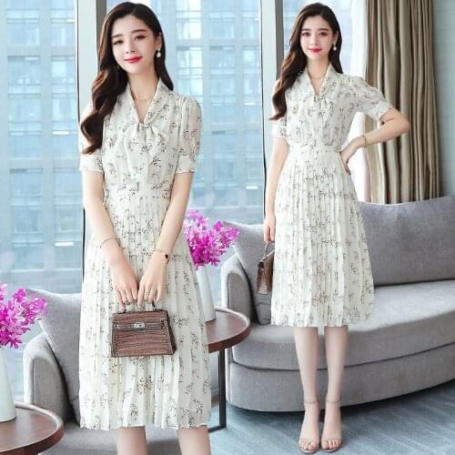 Summer Dress Women Slim High Waist Temperament V-neck Chiffon Vestidos Printed Bow Pleated Floral Short-sleeved Dresses New Z969