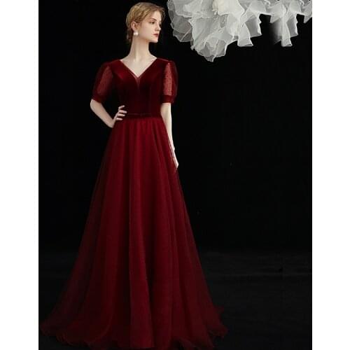 Evening Dress Simple Backless A-Line Short Sleeves Deep V-Neck Lace Up Floor-Length Burgundy New Woman Formal Party Gowns A1469