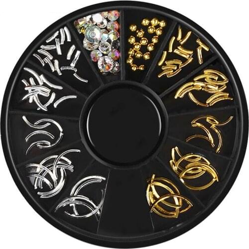1 Wheel Nail Art Decorative Gold Silver Mixed Designs Jewelry Alloy Half Moon Rivets Hollow Metal Strip Flat Accessories Decor