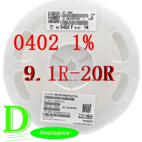 100PCS SMD Resistor RC Series 0402 1% Original RC0402FR-07 Series 9.1R-20R All resistors 9.1R 10R 11R 12R 13R 15R 16R 18R 20R