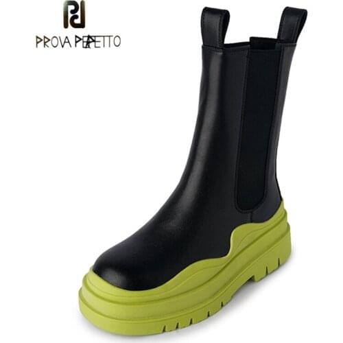Round-toe Sponge Cake Thick-soled Mid-tube Boots Avocado Green Chelsea Short Boots Autumn New Elastic Mouth Martin Boots