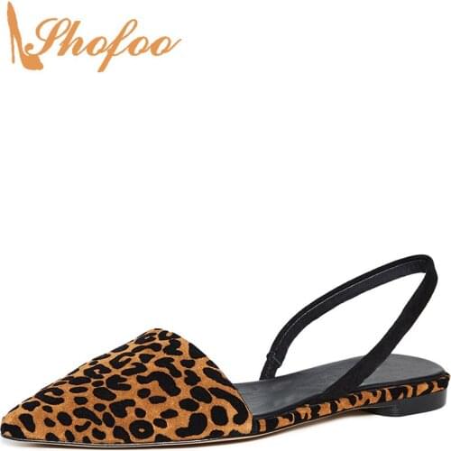 Borwn Leopard Print Pointed Toe Flat Woman Slingbacks Large Size 11 12 16 For Ladies Footwear Soft Shoes Fashion Mature 2021