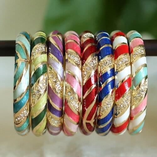 Colorful Enamel Stripe Women Rhinestone Bangle Jewelry Chinese Cloisonne Hard Bracelet Fashion Jewellery Accessories Gift