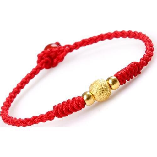 Pure Gold 3D Hard Gold Transfer Beads Hand Link Road Pass Red Rope Gold Bracelet Female For Women Gift 6.3inch Fashion Within 1g