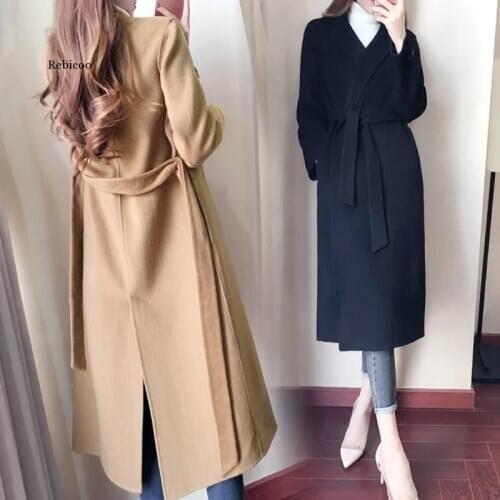 Spring Autumn Women Belt Wool Coats Female Long Woolen Windbreaker Office Lady Warm Jackets Overcoat Plus Size Trench