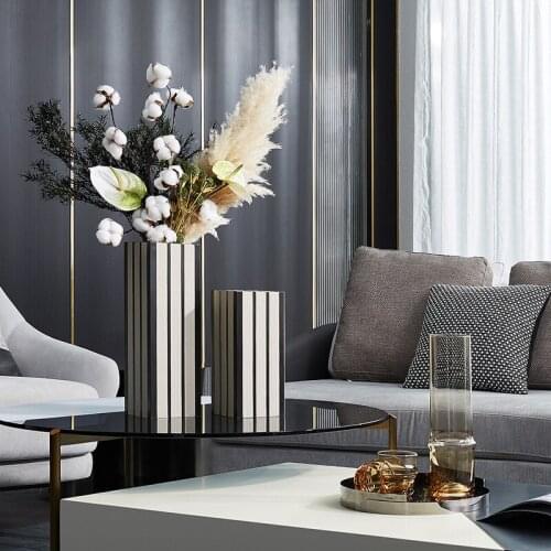 Home Modern Beige Grey Striped Leather Metal Flower Vase For Sales Center Club Hall Soft Mounted Decorative Desktop Vase