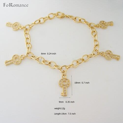 FOROMANCE/ 7.9" LADY YELLOW GOLD GP OVERLAY KEY KEYS TO OPEN HEART PARTS CHARM CHARMS BRACELET BANGLE WIDTH 6MM 0.24 INCH