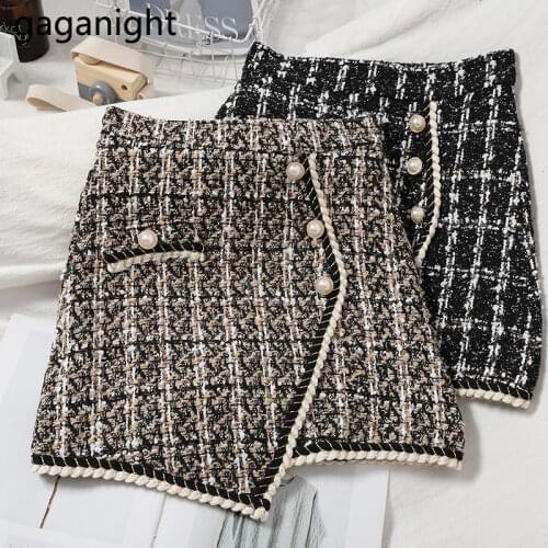 Gaganight Elegant Women High Waist Mini Plaid Skirt Chic Side Breast Irregular Skirts New Office Lady Winter A-line Slim Faldas