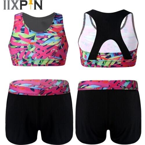 Girls Gymnastic Ballet Dance Wear Sports Outfits Sleeveless Cutouts Racer Back 3D Digital Printed Crop Top with Boy-cut Shorts