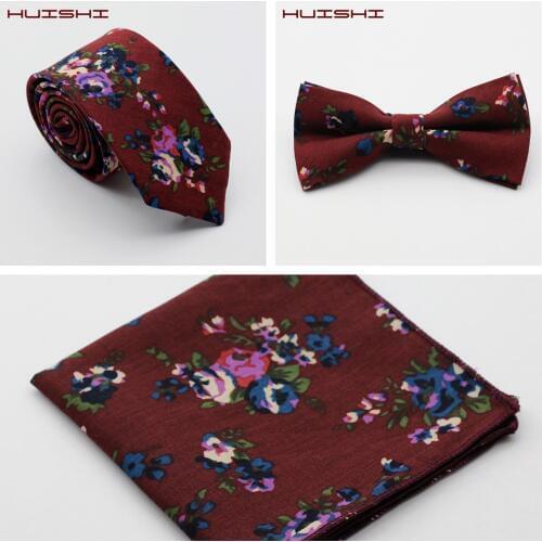 HUISHI New Design 6cm Cotton Slim Tie Set Floral Ties Handkerchief And Bowtie Business Wedding Party Printing Neck Ties For Men