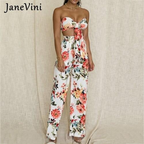 JaneVini Chic Women 2 Piece Outfits Strap Floral Print Crop Top+Casual Long Wide Leg Pants Two Piece Sets Summer Sexy Clubwear