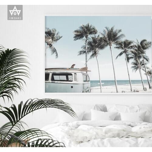 Surf Picture Nature Scandinavian Beach Poster Nordic Decoration Sandy Beach Bus Print Wall Art Palm Tree Canvas Painting Decor
