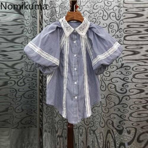 Nomikuma Korean Hollow-out Patchwork Blouse Tops Causal Puff Sleeve Turn-down Collar Shirt 2021 New Blusas Camisas Mujer 6H134