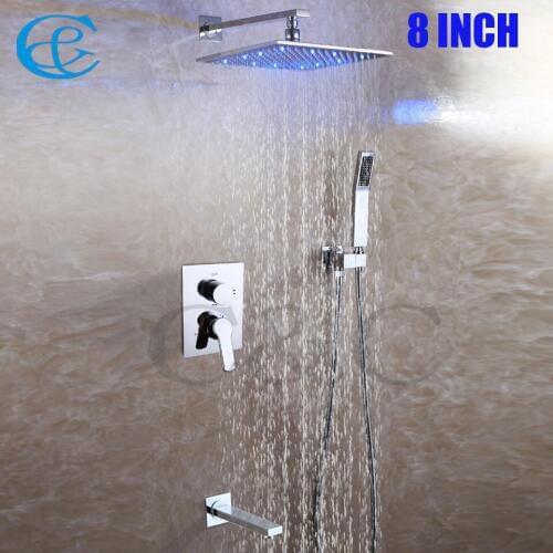 Square Chrome Copper Rain LED Shower Head Set Brass Spout Easy-installation Contemporary Bathroom Shower Faucet