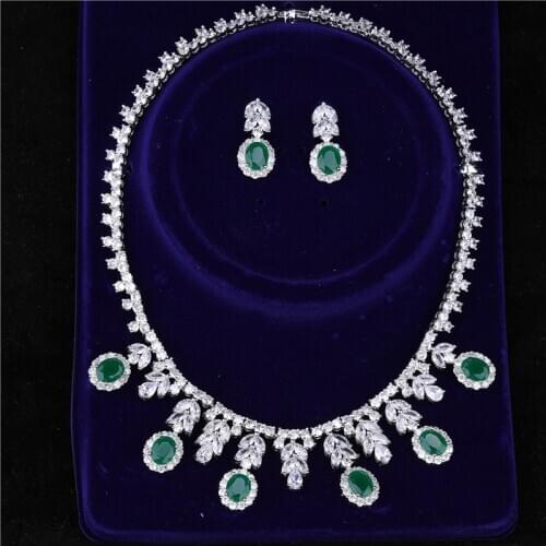 Hot Sale Jewelry Women Bridal Wedding Costume Elegant Girl Trendy Green Color Water Drop Earring Pendant Necklace Set Lady