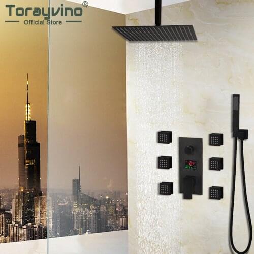 Torayvino Matte Black Bathroom Shower Faucet Set Massage Jets Square Shower Head Wall Mounted Rainfall Sprayer Top Mixer Tap Kit