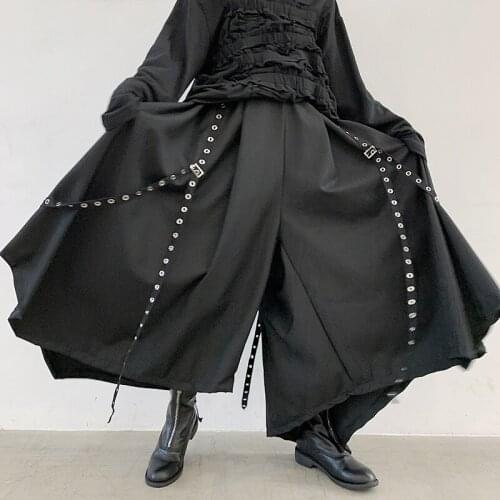 Spring and Autumn men solid color personality rivet belt design irregular large swing wide leg pants buttock mens skirt pants