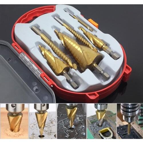 6Pcs HSS Steel Titanium Step Drill Bit Set 4-12/20/32mm Metal Hole Cutter Wood Cone Core Drilling Hole Saw Tool+3,6,8 Saw Drill