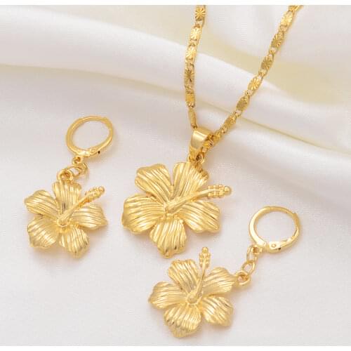 Anniyo Hawaiian Flower Jewelry Sets Pendant Necklaces Earrings Women Girls Gold Color Micronesia Guam Chuuk Kwajalein #213106