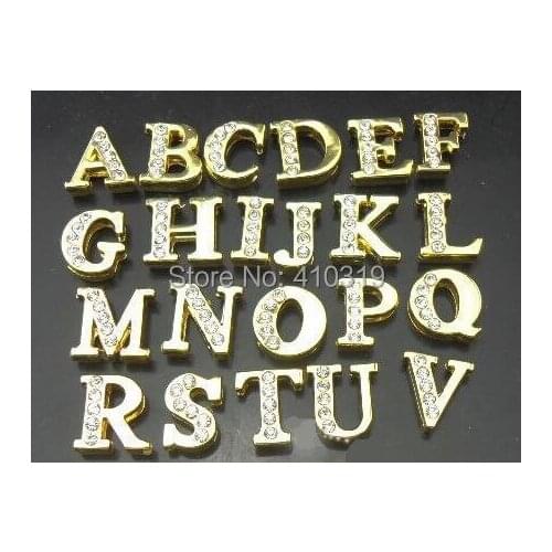 New 130pcs/lot 8mm A-Z half rhinestones gold color diy slide charm letters fit for 8mm wristband