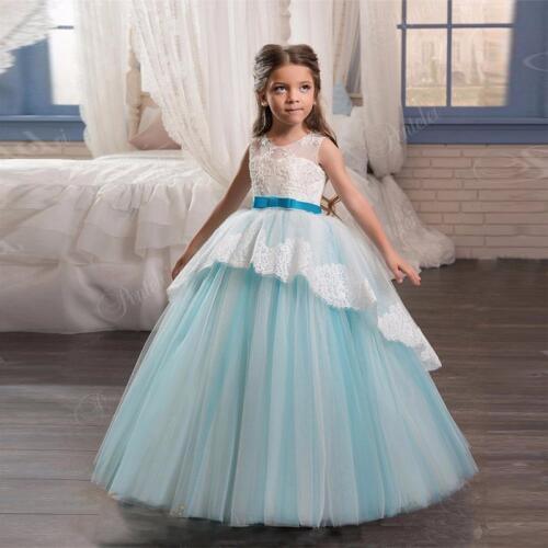 New Blue Flower Girls Dress Big Children Sweet White Lace Flower Bow-knot O-neck Sleeveless Princess Dress Flower Girl Dress